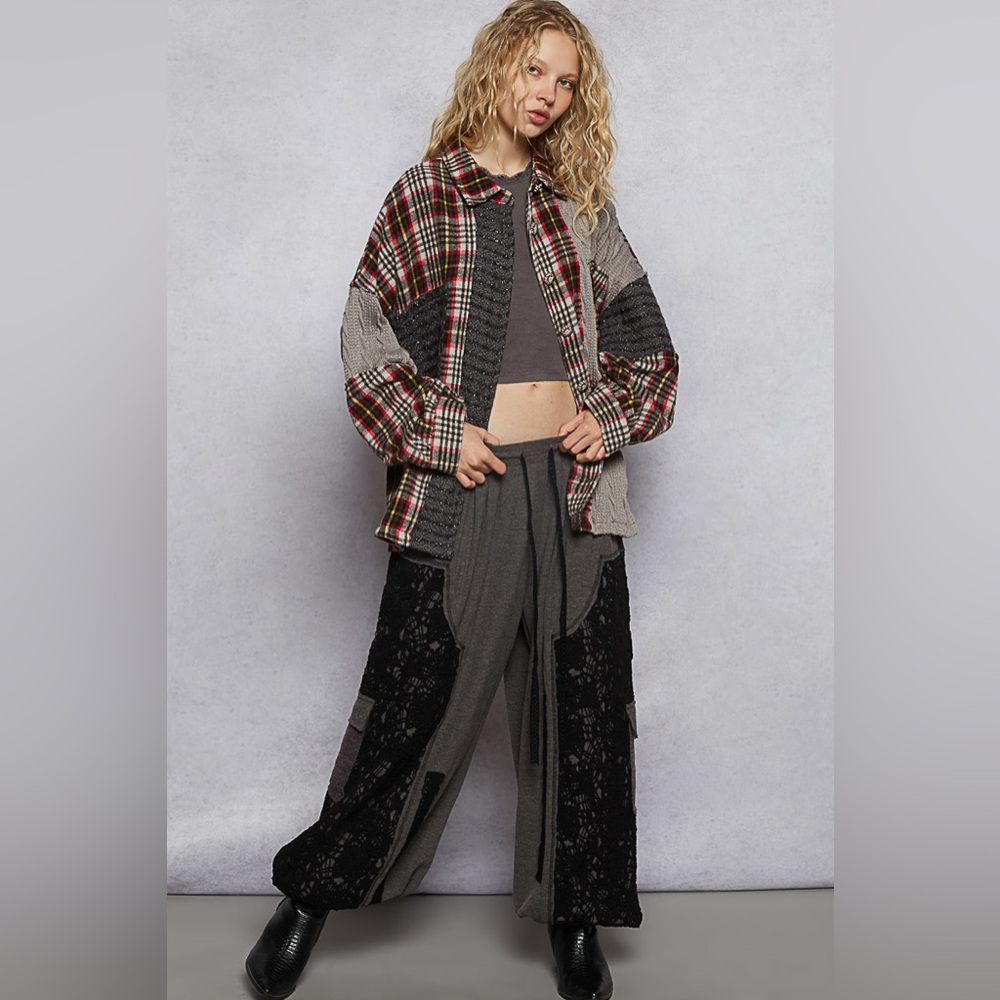 🖤 POL “ Backstage Flannel “ Plaid Flannel and Knit Shacket | Charcoal Multi - Picture 6 of 6